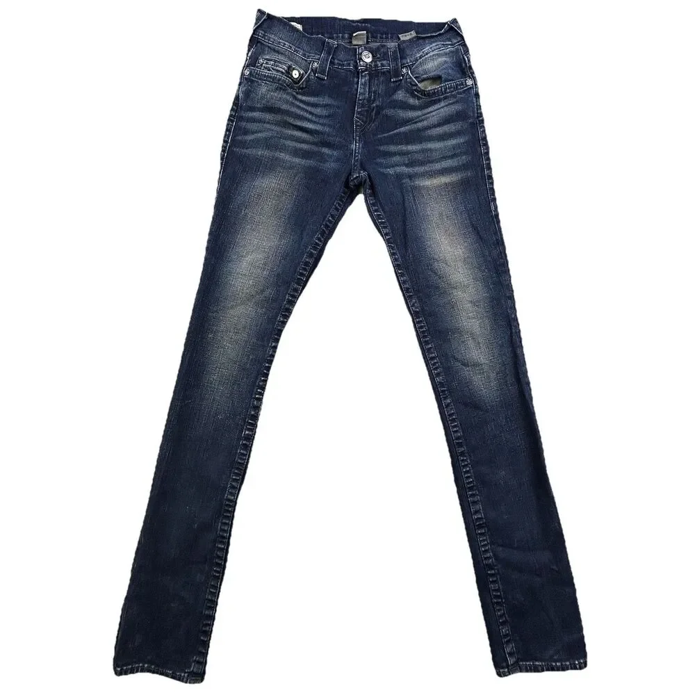 True Religion Jeans Mens 30x33 Blue Rocco Relaxed Skinny Whiskering Embroidered